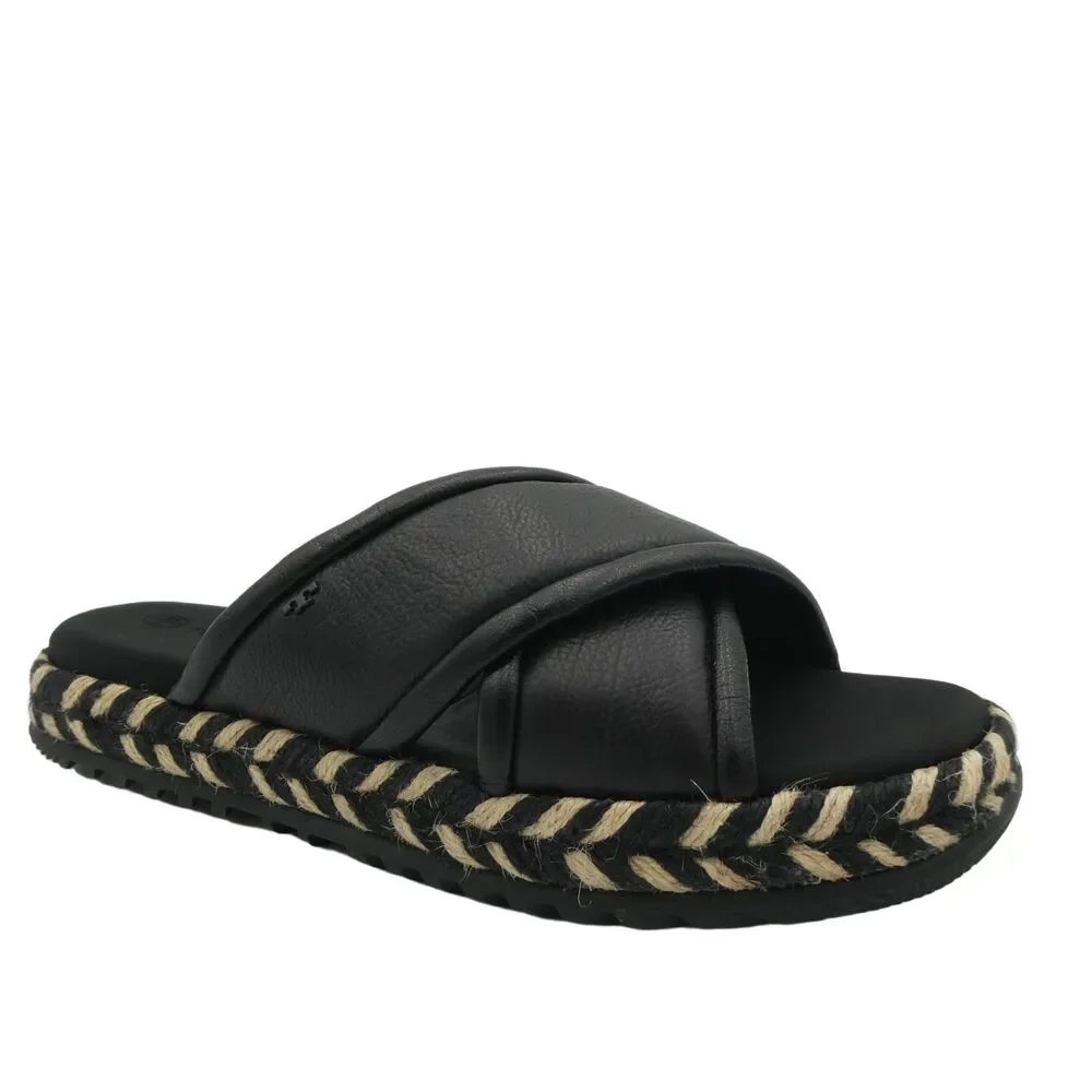 Tory Burch Criss Cross Women's 8 Leather Espadrille Slide Sandals Black Leather